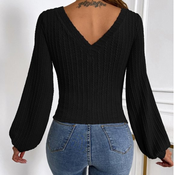 Black Lantern Sleeve V Neck Rib-knit Tee - Picture 3 of 7